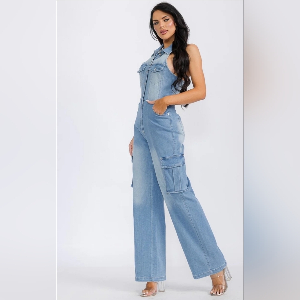 Women's Blue Denim Cargo Pocket Jumpsuit